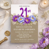 Pretty Blue and Purple Peony 21st Birthday 招待状