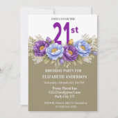 Pretty Blue and Purple Peony 21st Birthday 招待状 (正面)