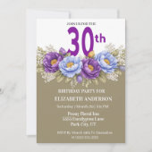 Pretty Blue and Purple Peony 30th Birthday 招待状 (正面)