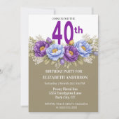 Pretty Blue and Purple Peony 40th Birthday 招待状 (正面)