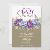 Pretty Blue and Purple Peony Girl Baby Shower 招待状 (正面)