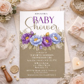 Pretty Blue and Purple Peony Girl Baby Shower 招待状
