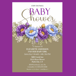 Pretty Blue and Purple Peony Girl Baby Shower 招待状