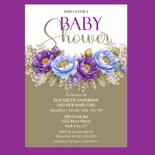 Pretty Blue and Purple Peony Girl Baby Shower 招待状