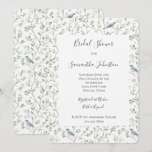 Pretty Blue Birds Dream Bridal Shower 招待状 (正面/裏面)