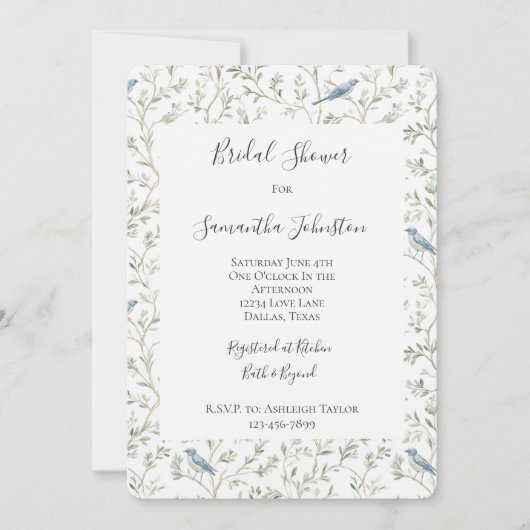 Pretty Blue Birds Dream Bridal Shower 招待状 (正面)