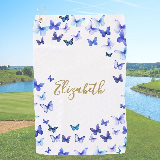 Pretty Blue Butterflies Custom Name Golf Towel ゴルフタオル