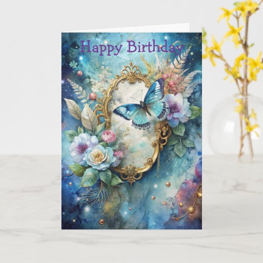 Pretty Blue Butterfly カード (黄色い花)