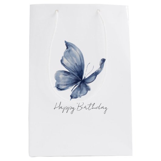 Pretty Blue Butterfly Birthday ミディアムペーパーバッグ (正面)