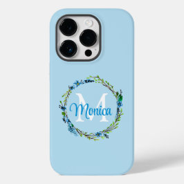 Pretty Blue Floral Wreath with Monogram Case-Mate iPhone 14 Proケース