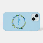 Pretty Blue Floral Wreath with Monogram iPhone 15ケース (裏面横)