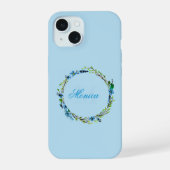 Pretty Blue Floral Wreath with Monogram iPhone 15ケース (裏面)