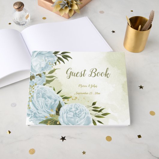 pretty blue flowers green leaves botanical ゲストブック (正面見開き)