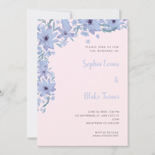 Pretty Blue Flowers Romantic Soft Pink Wedding 招待状 (正面)