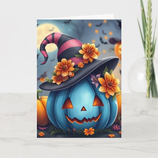 Pretty Blue Halloween Pumpkin Jack-o-lantern カード (正面)