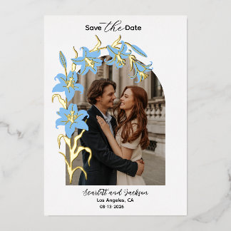 Pretty Blue Lily Floral Gold Foil セーブ・ザ・デート 箔招待状