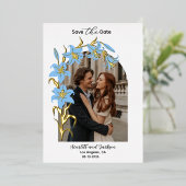Pretty Blue Lily Floral Gold Foil セーブ・ザ・デート 箔招待状 (立ち正面)