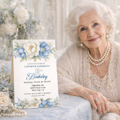 Pretty Blue Magnolia and Peony 100th Birthday 招待状