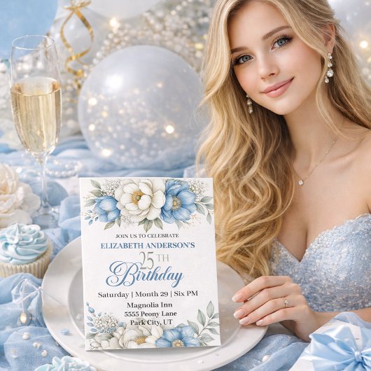 Pretty Blue Magnolia and Peony 25th Birthday 招待状