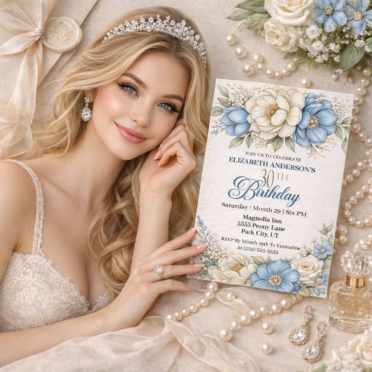 Pretty Blue Magnolia and Peony 30th Birthday 招待状