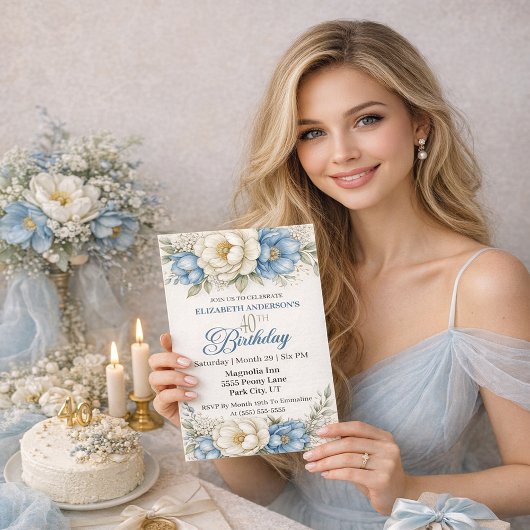 Pretty Blue Magnolia and Peony 40th Birthday 招待状