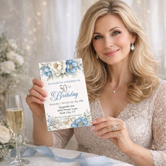 Pretty Blue Magnolia and Peony 50th Birthday 招待状