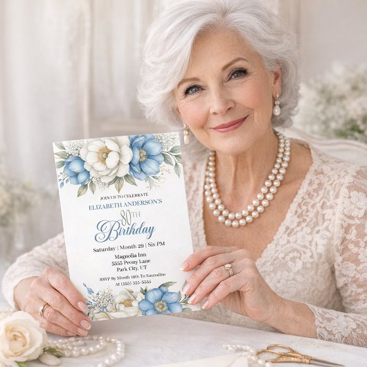 Pretty Blue Magnolia and Peony 80th Birthday 招待状