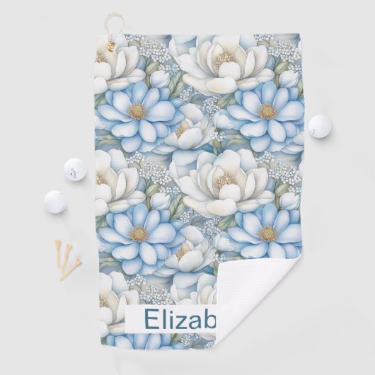 Pretty Blue Magnolia and Peony Personalized ゴルフタオル (インサイチュ)