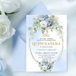 Pretty Blue Peony Gold Floral Quinceañera Invite 招待状