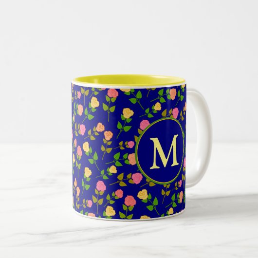 Pretty Blue Rose Pattern Monogram ツートーンマグカップ (正面右)
