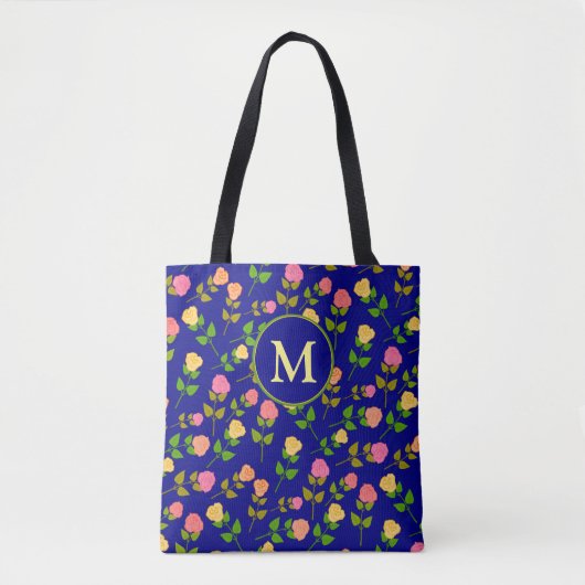 Pretty Blue Rose Pattern Monogram トートバッグ (正面)