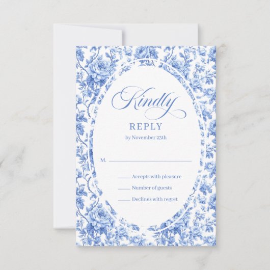 Pretty Blue Toile Roses Custom Wedding RSVP Card (正面)