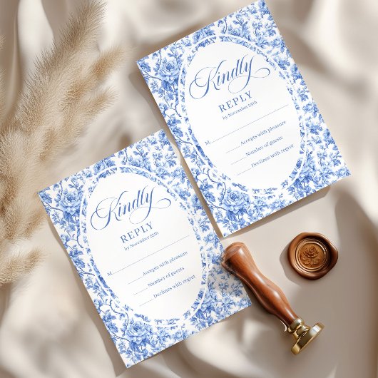 Pretty Blue Toile Roses Custom Wedding RSVP Card