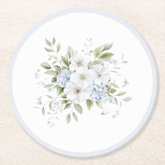 Pretty Blue White Floral Bridal Shower ラウンドペーパーコースター (正面)