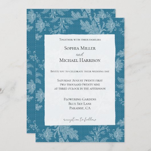 Pretty Blue White Floral Faux Lace Wedding 招待状 (正面/裏面)