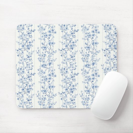 Pretty Blue White Floral Stripes マウスパッド (マウス)