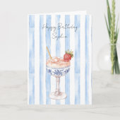 Pretty Blue White Stripes Strawberry Birthday カード (正面)