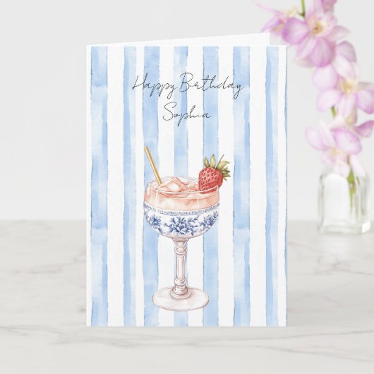 Pretty Blue White Stripes Strawberry Birthday カード (蘭)