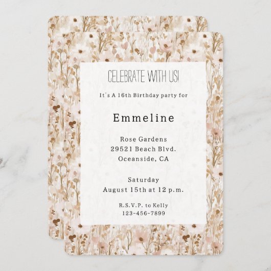 Pretty Blush Brown Floral Birthday 招待状 (正面/裏面)