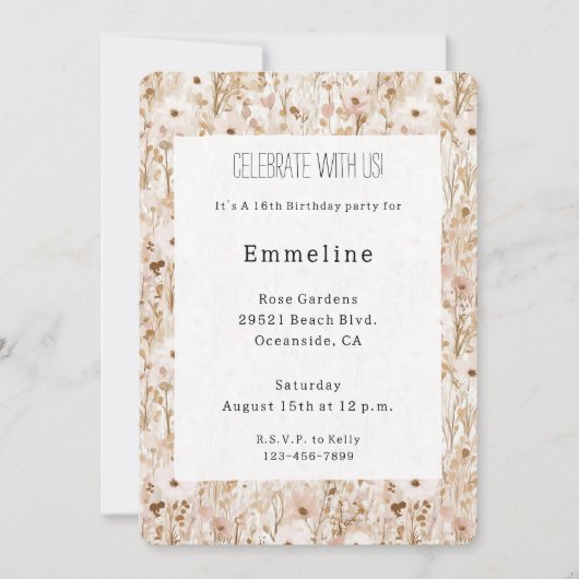 Pretty Blush Brown Floral Birthday 招待状 (正面)
