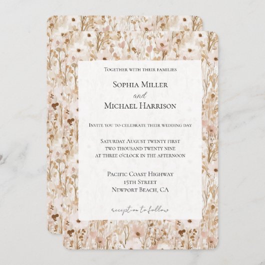 Pretty Blush Brown Floral Wedding 招待状 (正面/裏面)