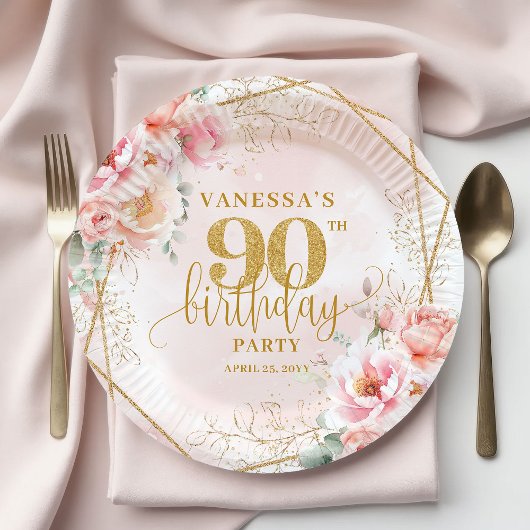 Pretty Blush Floral Gold Frame 90th Birthday Party ペーパープレート