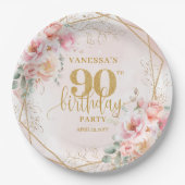 Pretty Blush Floral Gold Frame 90th Birthday Party ペーパープレート (正面)