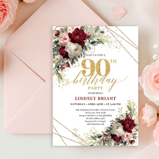 Pretty Blush Gold Floral 90歳の誕生日招待状 招待状