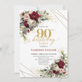 Pretty Blush Gold Floral 90歳の誕生日招待状 招待状 (正面)