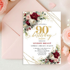Pretty Blush Gold Floral 90th Birthday Invitation 招待状