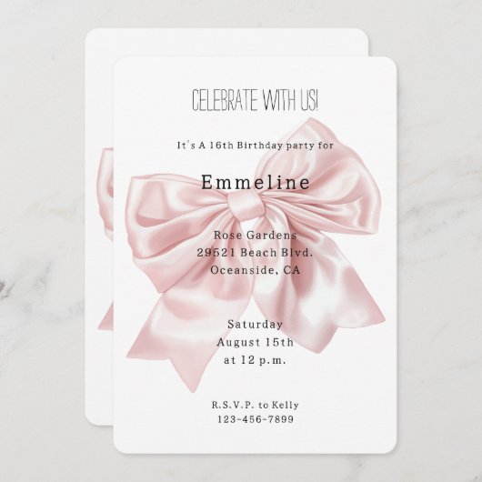 Pretty Blush Pink Bow Birthday 招待状 (正面/裏面)