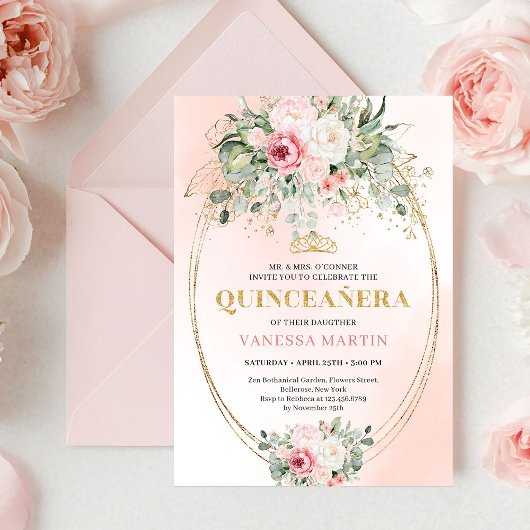 Pretty Blush Pink Eucalyptus Quinceañera Invite 招待状