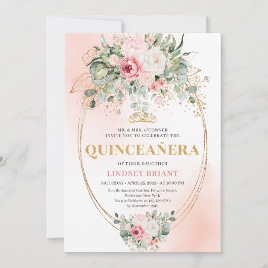 Pretty Blush Pink Eucalyptus Quinceañera Invite 招待状 (正面)