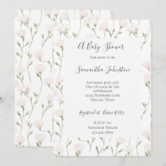 Pretty Blush Pink Floral Baby Shower 招待状 (正面/裏面)